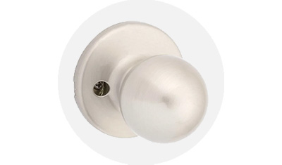 Kwikset Residential Knob product isolated on top of a gray circle